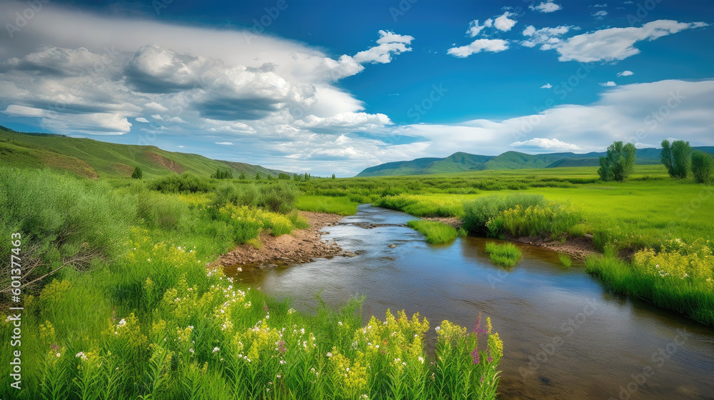 Stunning beauty of nature's vibrant landscape with lush greenery, colorful wildflowers, and a clear, blue sky with fluffy clouds into your shot. Generative AI Stunning beauty of nature's vibrant landscape with lush greenery, colorful wildflowers, and a clear, blue sky with fluffy clouds into your shot. Generative AI