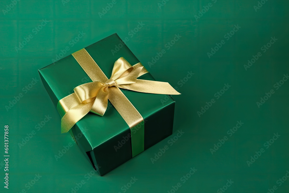 Gift box with golden satin ribbon and bow on green background. Generative AI Gift box with golden satin ribbon and bow on green background. Generative AI