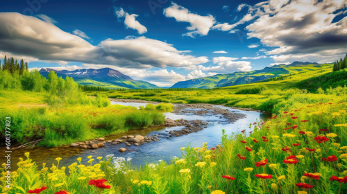 Stunning beauty of nature's vibrant landscape with lush greenery, colorful wildflowers, and a clear, blue sky with fluffy clouds into your shot. Generative AI