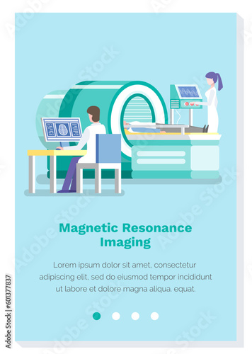 Magnetic resonance imaging vector illustration. Male assistant and doctor sitting by computer looking at scan x-ray result. Website template, landing page. Man works with equipment in the laboratory