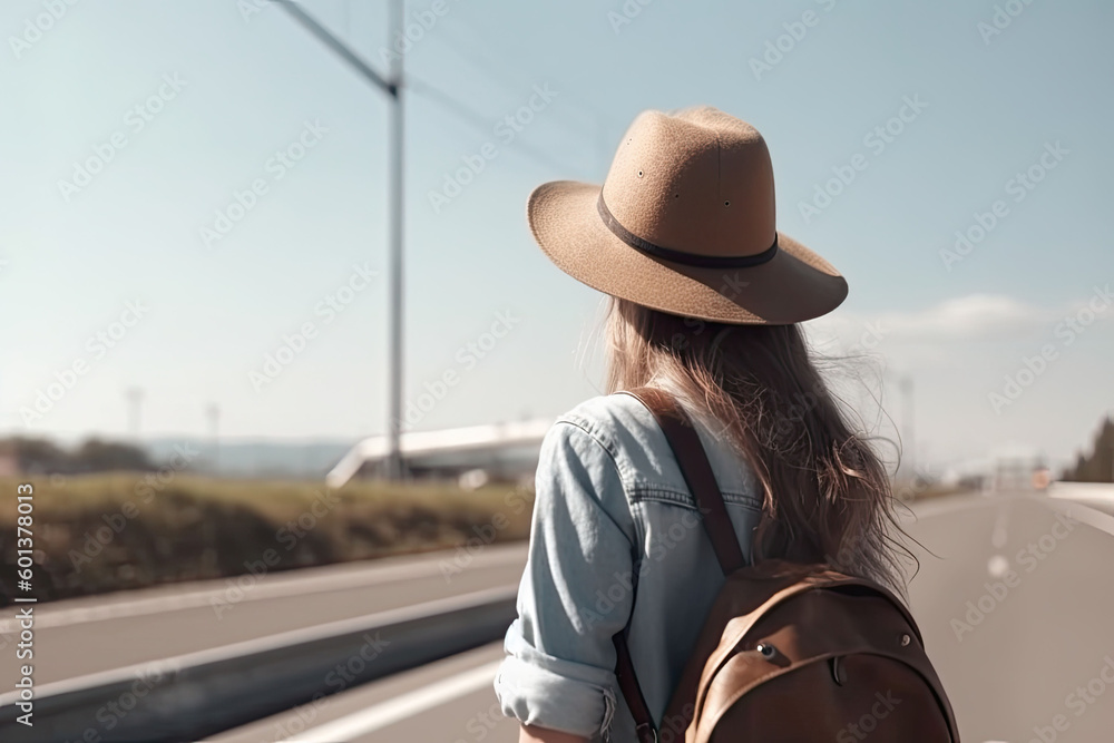 Beautiful millennial woman in casual wear hitchhiking on roadside. Adventure and tourism concept. Generative AI