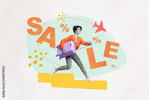 Creative collage placard advertisement running woman with baggage duty free buy perfumes clothes no fee sale isolated on white background photo