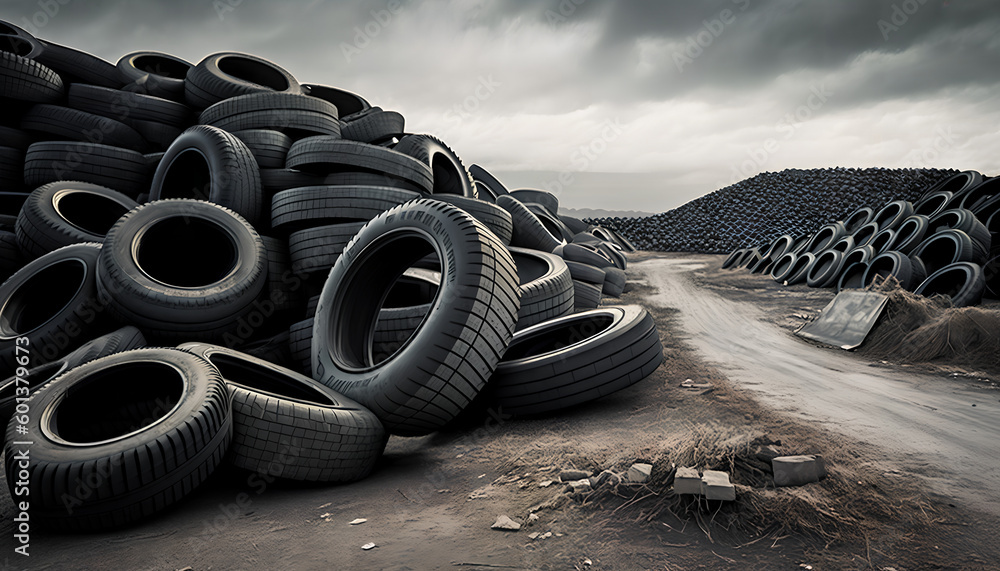 landfill with old tires for recycling - obrazy, fototapety, plakaty 
