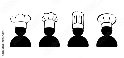 Cartoon chef's hats. Chef clothing uniform caps. Vector icon or symbol. Toque cuisine chef for kitchen. Chef hat or cap. Cook logo.