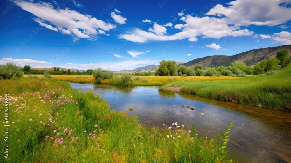 Fototapeta premium Stunning beauty of nature's vibrant landscape with lush greenery, colorful wildflowers, and a clear, blue sky with fluffy clouds into your shot. Generative AI