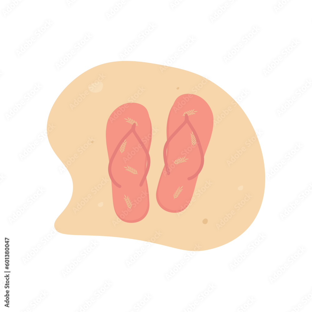 Pink flip flops on the sand.
Sea shoes with patterns in the form of tropical leaves
Flat vector illustration isolated on white background eps 10. Pink flip flops on the sand.
Sea shoes with patterns in the form of tropical leaves
Flat vector illustration isolated on white background eps 10.