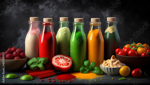 Various colourful fresh raw ingredients and already blended mix in a bottles for individual consumption are on the kitchen table surface