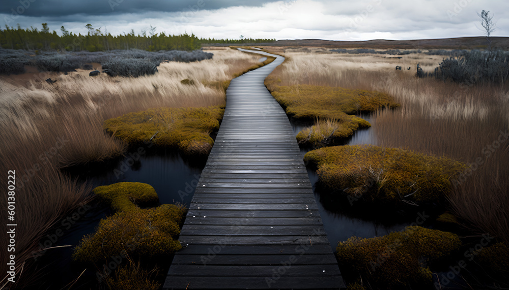 Fototapeta premium Wood path through the black bog moor