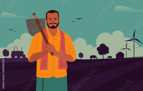 Indian farmer with nature, farm background illustration template design for social media banner, brochure, and website landing page,