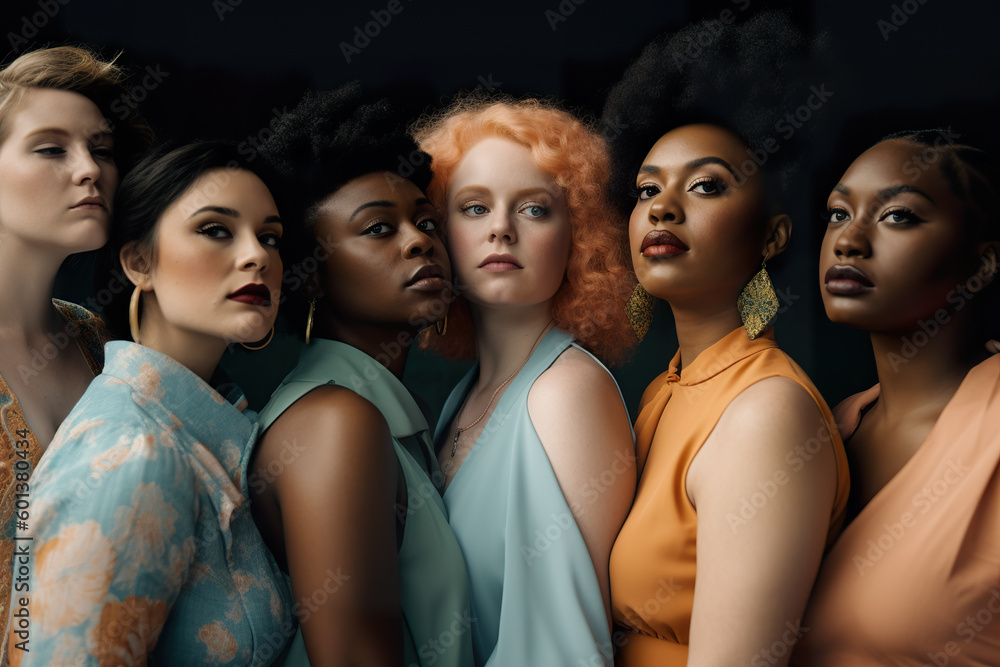 Diverse group of curvy, plus size, active, big, chubby woman standing next to each other. Generative AI illustration, plus size beauty campaign in pastel colors Diverse group of curvy, plus size, active, big, chubby woman standing next to each other. Generative AI illustration, plus size beauty campaign in pastel colors