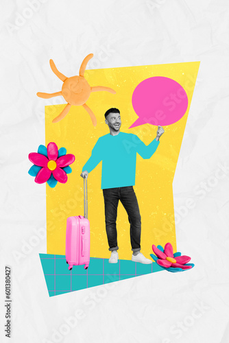 Creative collage of tourist man hold bubble cloud speech advert new sunny resort beach passenger with baggage isolated on white background