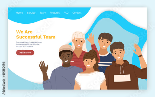Successful team landing page template with happy businesspeople smiling and waving hands  business concept in teamwork and corporation. A group of young people motivational achievement banner