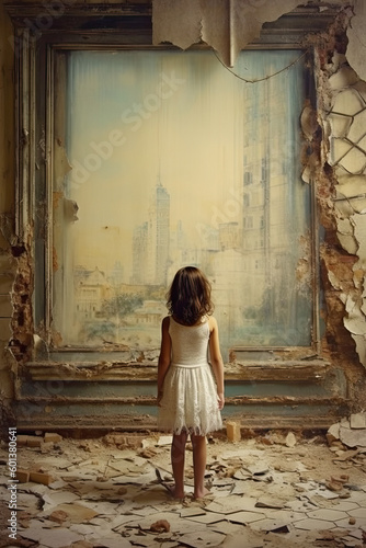 Little girl standing in a dilapidated room looking out the window of a city  Generative AI © gridspot