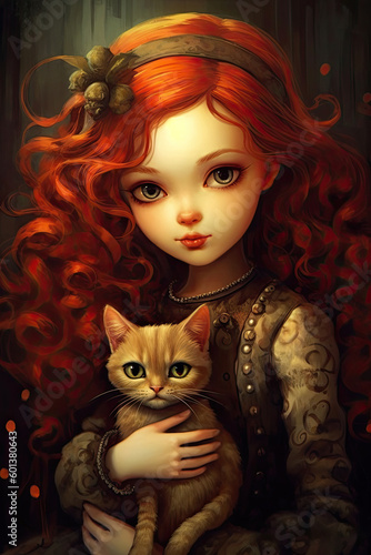 Young girl with red curly hair holding a cat Generative AI
