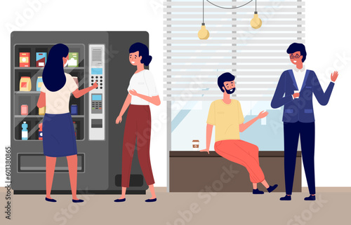 Business people taking coffee break. Girls are buying food from vending machine. Guys sit and communicate. Office employees flat vector illustration. Colleagues spend time in the office together