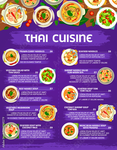 Thai cuisine menu, Thailand dishes, noodles and soups, vector Asian traditional meals. Thai restaurant menu with seafood shrimps and prawn noodles, coconut or tom yum and vegetable mushroom soup