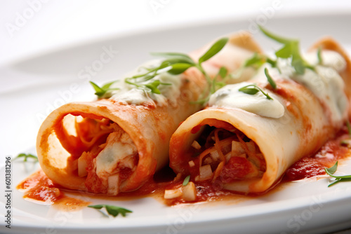 Cannelloni - pasta tubes filled with cheese or meat and baked with tomato sauce. Generative AI.