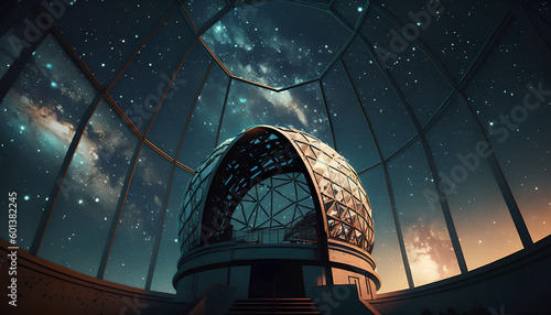 Print op canvas Open dome of a big telescope in an observatory in the background of the starry s