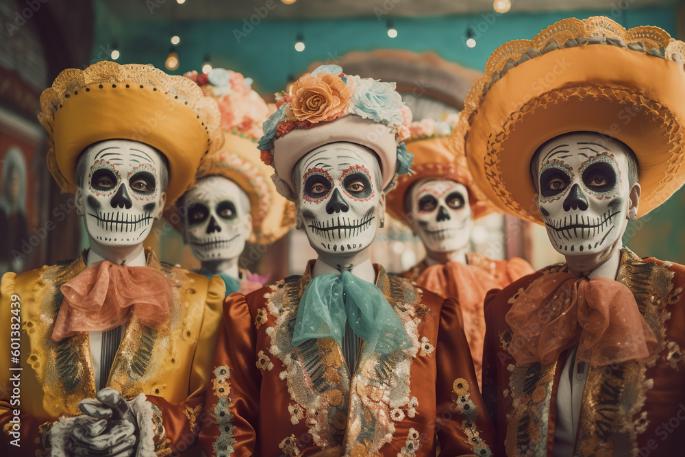 A group of skeletons dressed in mexican costumes. AI generative. A group of skeletons dressed in mexican costumes. AI generative.