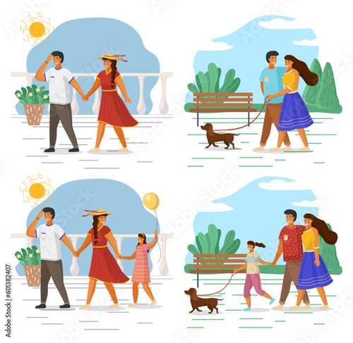 Happy family holding each other s hand, hugging, walking together outdoor with small dog along the seafront sunny day. Mother, father and daughter family weekend, people walk with pet in summer park