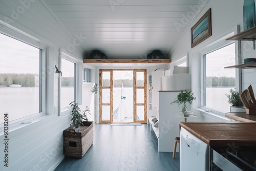 Wallpaper Mural A kitchen with a sink and a window. AI generative. Tiny house, houseboat interior. Torontodigital.ca