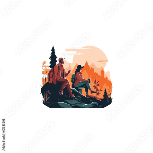 illustration of Man and woman traveling in mountains and forest with backpacks cooking on fire, sitting, sleeping in tent. 