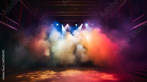 Vibrant stage in the glow of colored spotlights, with smoke adding an air of mystery and drama. The image captures the anticipation and excitement inherent in live performances. Generative AI © TensorSpark