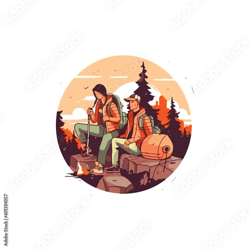 illustration of Man and woman traveling in mountains and forest with backpacks cooking on fire, sitting, sleeping in tent. 