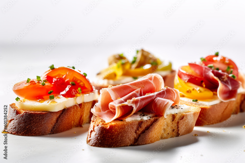 Crostini - toasted bread with various toppings such as cheese and prosciutto. Generative AI.