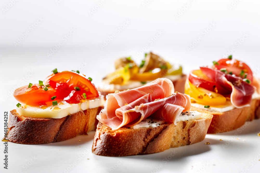 Crostini - toasted bread with various toppings such as cheese and prosciutto. Generative AI. Crostini - toasted bread with various toppings such as cheese and prosciutto. Generative AI.