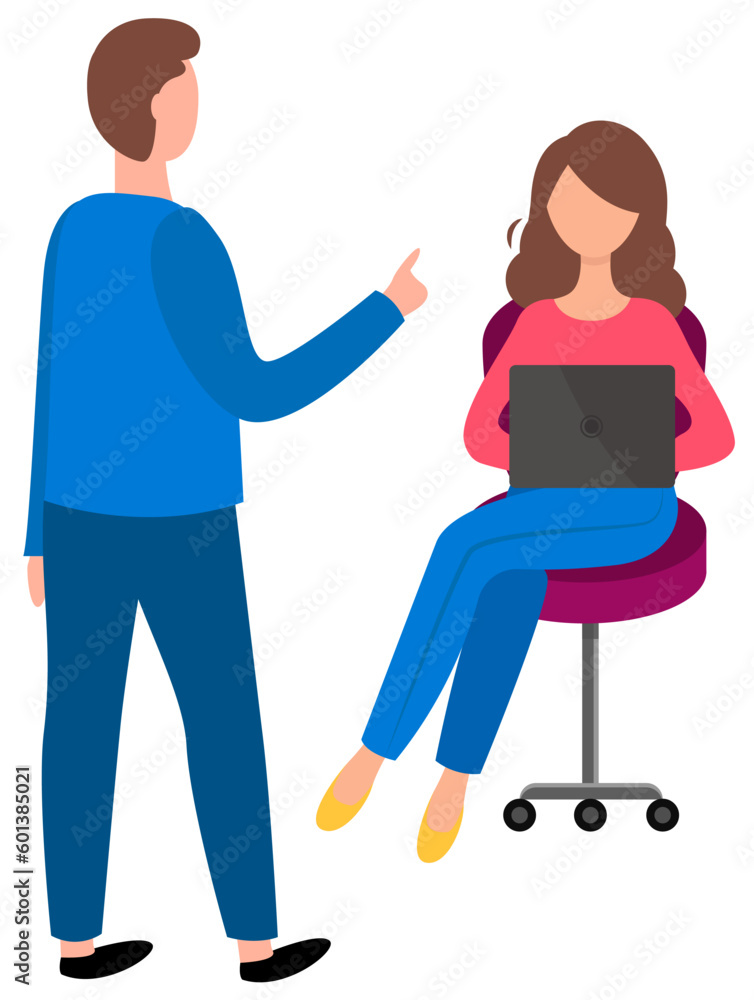 Elegant man and woman are talking. Girl works on a laptop. People communicate flat vector illustration. Male character giving instructions to a working employee. Persons isolated on white background Elegant man and woman are talking. Girl works on a laptop. People communicate flat vector illustration. Male character giving instructions to a working employee. Persons isolated on white background