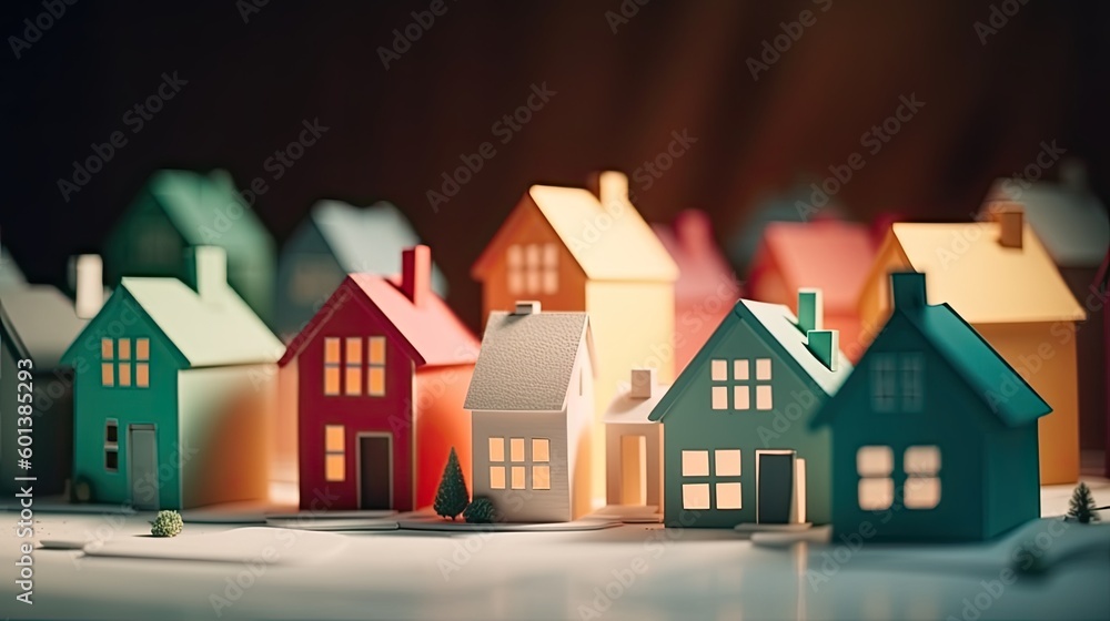 cute paper art of tiny minimalist house a tilt-shift effect, in a studio with solid color background. image for real estate communication. generative AI illustration cute paper art of tiny minimalist house a tilt-shift effect, in a studio with solid color background. image for real estate communication. generative AI illustration