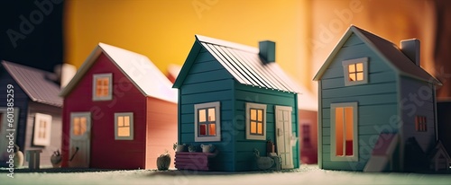 cute paper art of tiny minimalist house a tilt-shift effect, in a studio with solid color background. image for real estate communication. generative AI illustration
