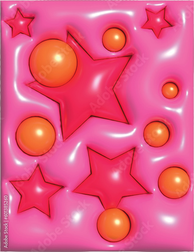 Orange spheres and red stars on a pink background inflated 3d background. 3d render. illustration