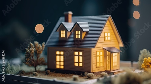 cute paper art of tiny minimalist house a tilt-shift effect, in a studio with solid color background. image for real estate communication. generative AI illustration