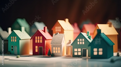 Wallpaper Mural cute paper art of tiny minimalist house a tilt-shift effect, in a studio with solid color background. image for real estate communication. generative AI illustration Torontodigital.ca