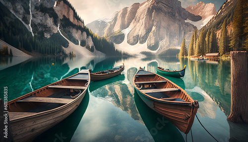 Boats on the Braies Lake ( Pragser Wildsee ) in Dolomites mountains