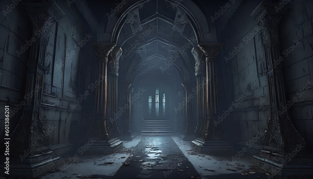 Dark Hallway Leading to Crypts and Coffins - Abandoned Mausoleum