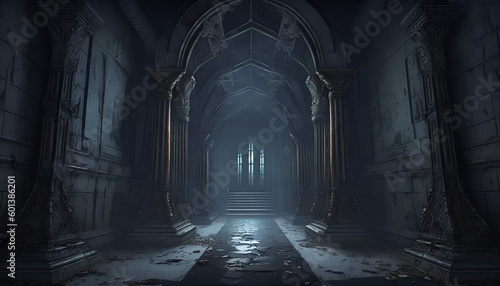 Dark Hallway Leading to Crypts and Coffins - Abandoned Mausoleum photo