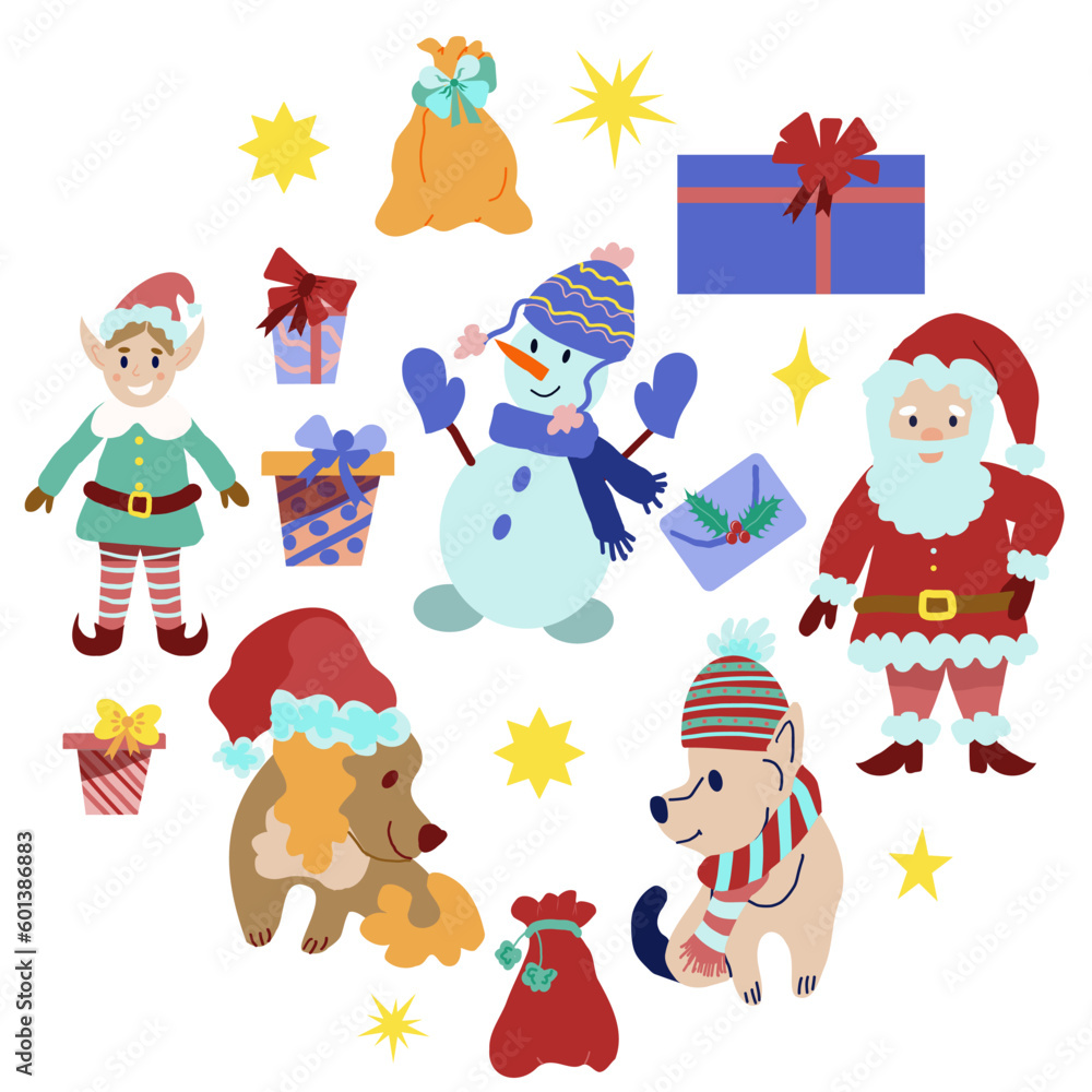 New Year's collection of elements and characters. Christmas set. Postcard for holidays, round compositions New Year's collection of elements and characters. Christmas set. Postcard for holidays, round compositions