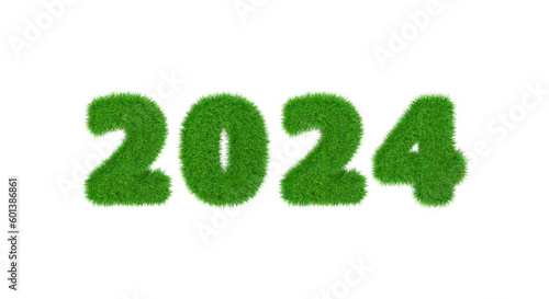 Happy New 2024 Year. Holiday new year green grass figures isolated on white background. 3d render
