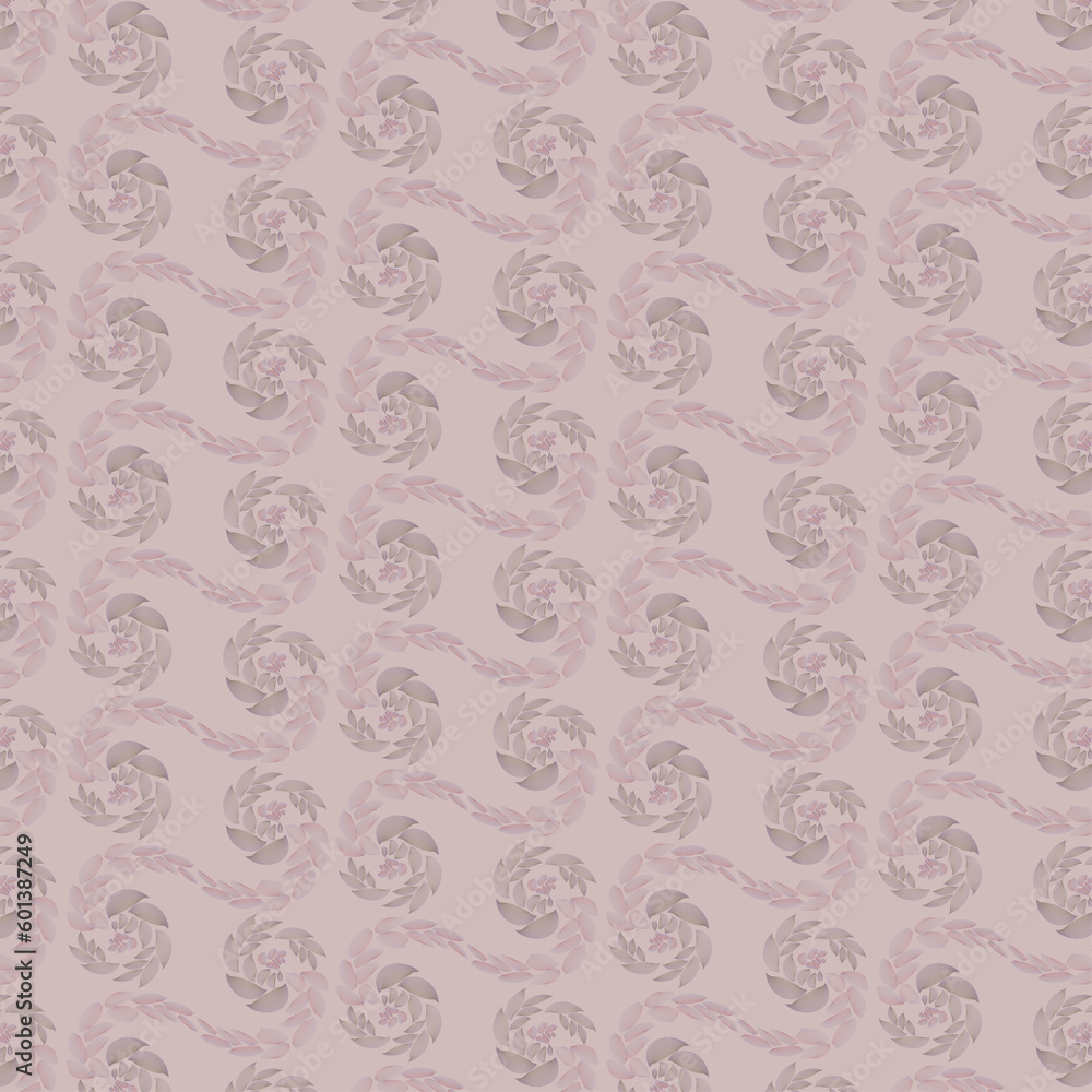 Pattern with twisted floral elements on a beige background.