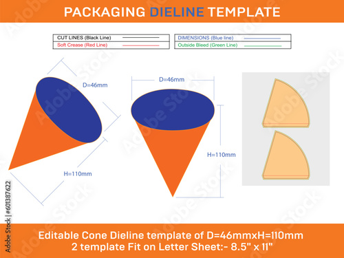 Butter cookie cone strawberry ice cream dieline template D 46xH 110 mm