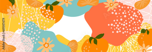 Vector background with flat tangerines and abstract elements. Hand colored background with textures	
