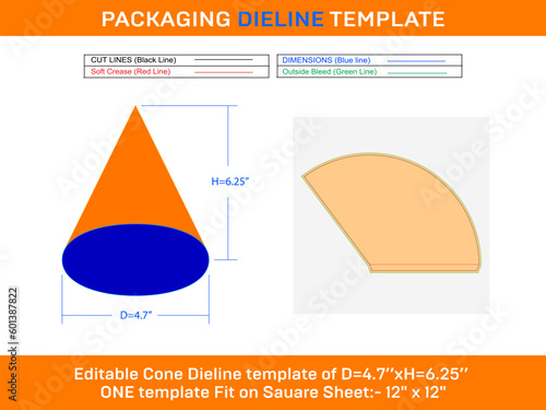 Large paper cone ice cream Dieline Template D 4.7xH 6.25 inch