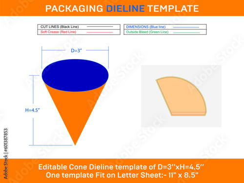 Medium paper cone ice cream Dieline Template D 3xH 4.5 inch photo