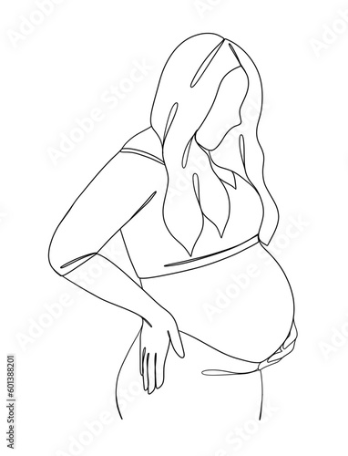 Continuous one line drawing of pregnant woman. Vector illustration.