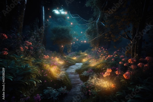 forest with path at night. Generative AI