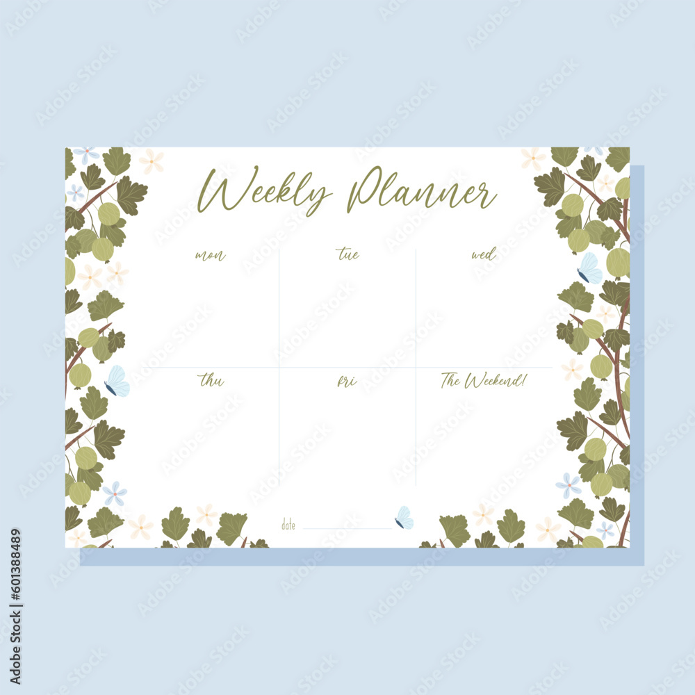 Printable weekly planner concept with green gooseberry plant illustration, vector
