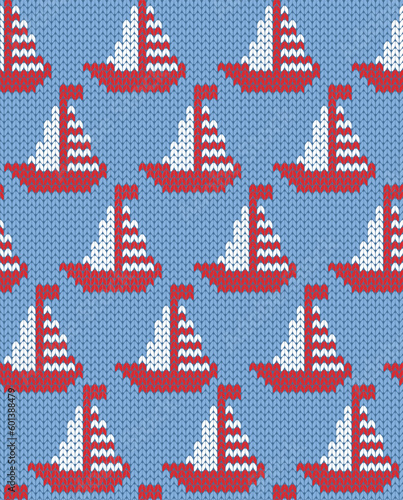 Knitting sea ship seamless pattern. Vector illustration.